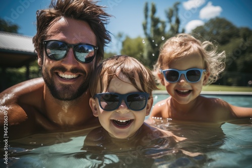 One adults and two child having fun in the water in the pool.