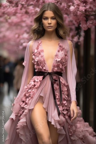 Beautiful woman in long flowing dress  Japanese inspired cherry blossom vegan.