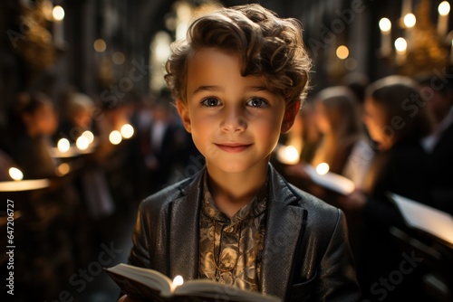 portrait of a boy in church reading the holy bible