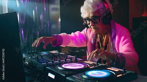 Cool grandma DJing at a party, merging generations through music