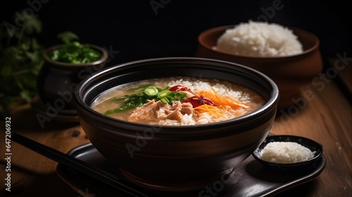 Delectable photo of a bowl of doenjang jigae rich with generous tofu and vegetable portions served in a traditional Korean setting