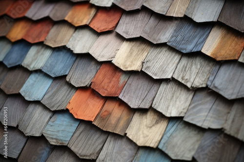 Exquisite Craftsmanship Unveils the Vibrant Beauty and Intricate Texture of Aged, Handcrafted Wooden Shingles in Close-Up Detail