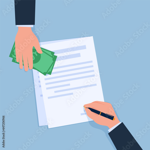 one hand signs an agreement while the other hand holds money, a metaphor for a bribery agreement