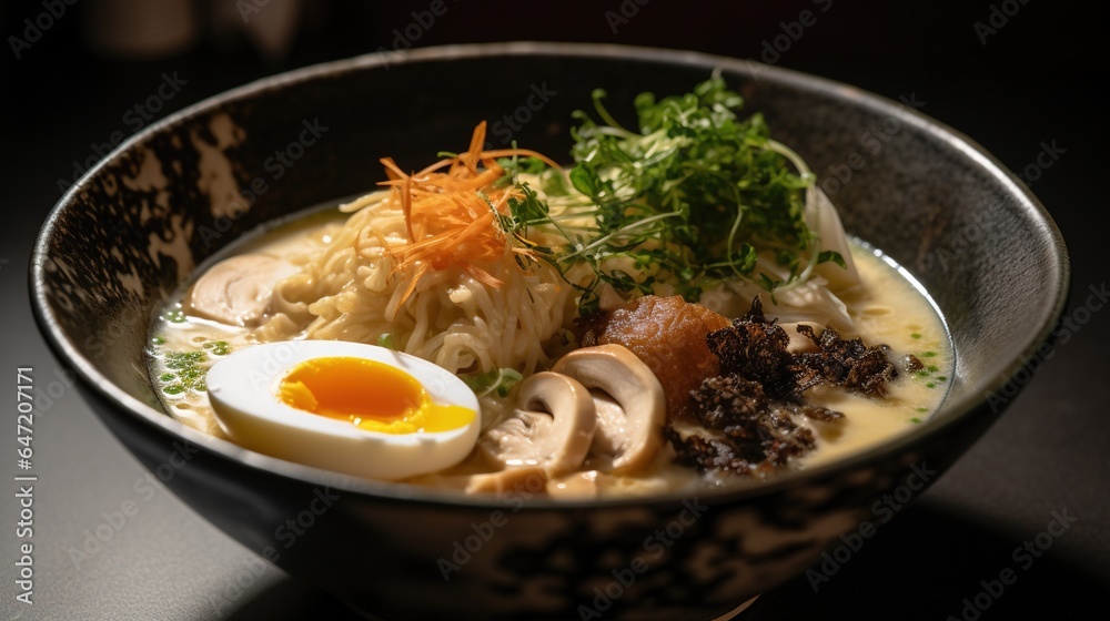 Alluring photo of a bowl of rich and creamy Tonkotsu ramen adorned with chashu pork and soft-boiled egg in a cozy Japanese ambiance Alluring photo of a bowl of rich and creamy Tonkotsu ramen adorned with chashu pork and soft-boiled egg in a cozy Japanese ambiance