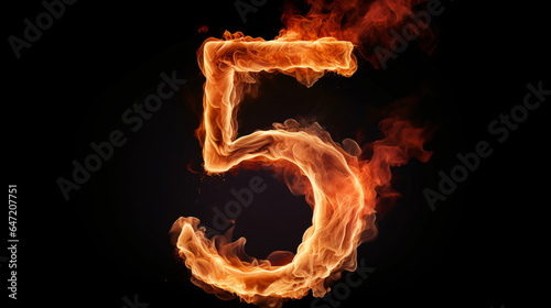 Fire alphabet number 5 five isolated on black background