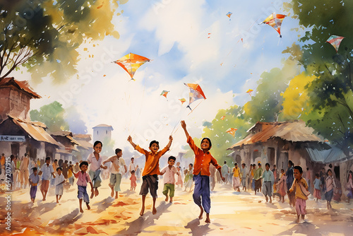 A Painting Of Group Of Indian Kids Playing With Kits On The Street, Children's Day, Childrens Day India, Children's Day India