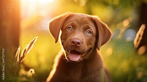 Portrait of brown cute Happy Labrador retriever puppy with sunset bokeh foliage abstract background. Adorable smile dog head shot with green spring tree leaf