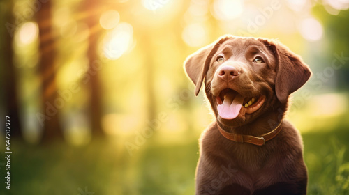Portrait of brown cute Happy Labrador retriever puppy with sunset bokeh foliage abstract background. Adorable smile dog head shot with green spring tree leaf