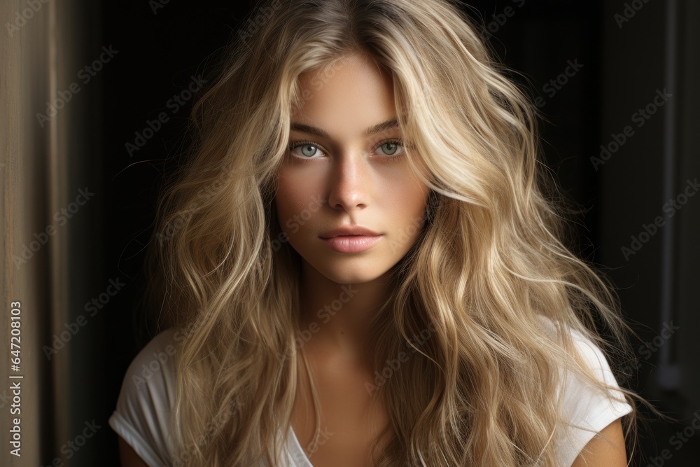 portrait of a young beautiful girl with clear skin and long blond  hair