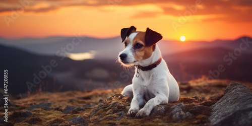 Silhouette background of a beautiful happy jack russell terrier pet dog. Summer sunset, sunrise landscape banner. Dog travelling and hiking.