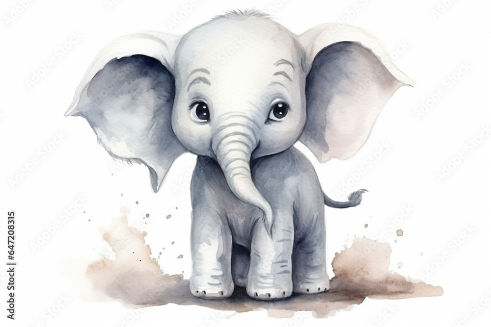 Cute baby elephant, watercolor on white background, kids cartoon style