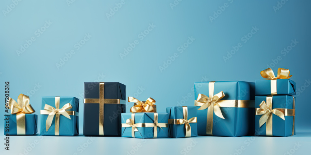 Blue Christmas gift boxes with golden bows on blue background with copyspace - obrazy, fototapety, plakaty 