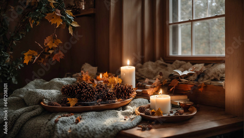 Book, candles, autumn leaves and pine cones on the background of a window