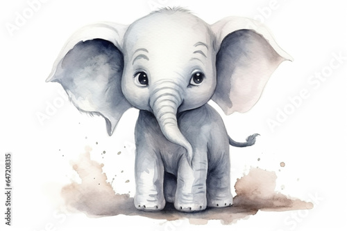 Cute baby elephant, watercolor on white background, kids cartoon style