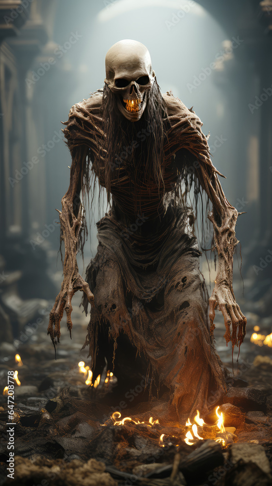 Fototapeta premium Zombie emerges from the shadows, its eyes radiating an eerie glow, hinting at its otherworldly nature and malevolent intentions. Generative AI