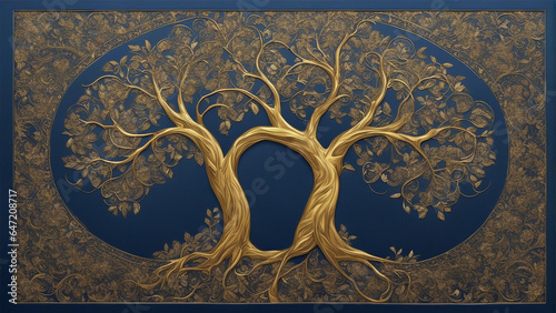 Tree of Life Artwork. Golden abstract tree on blue canvas, in the style of intricate floral prints, dark silver and dark blue.