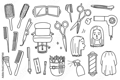 Hand-drawn rough line hair salon motif illustration set