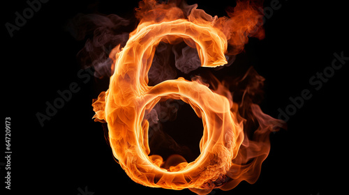 Fire alphabet number 6 six isolated on black background
