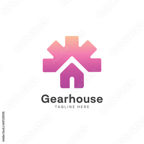 Garage house logo design. Minimul House with Gear.