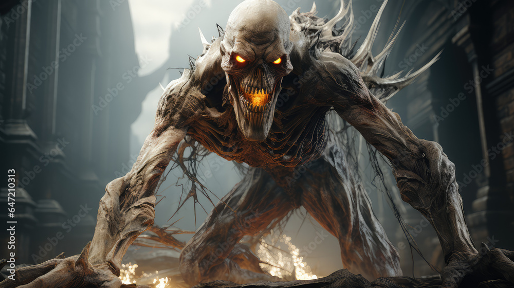 Fototapeta premium Zombie emerges from the shadows, its eyes radiating an eerie glow, hinting at its otherworldly nature and malevolent intentions. Generative AI