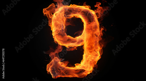 Fire alphabet number 9 nine isolated on black background