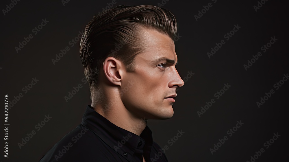 Model with hair slicked back, emphasizing strong jawline, against a simple grey background.