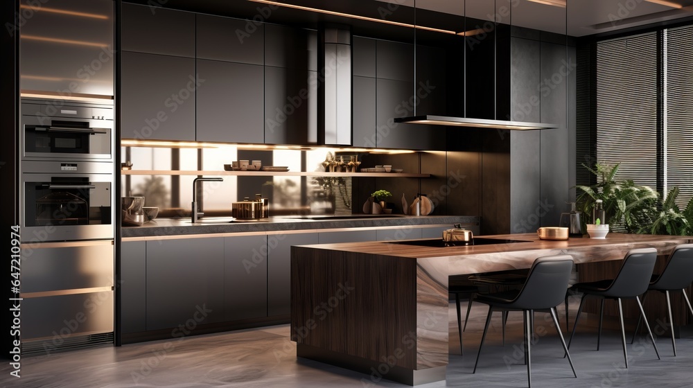 Modern metallic kitchen with smart appliances - obrazy, fototapety, plakaty 