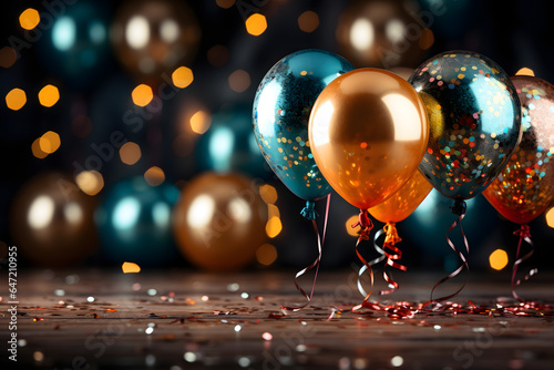 birthday party balloons, colourful balloons background and birthday cake with candles	