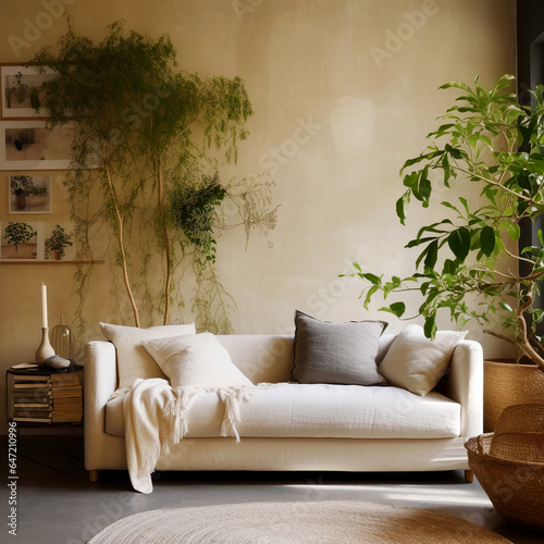 Fabric sofa with grey pillow and blanket against stucco wall. Wabi-sabi home interior design of modern living room.