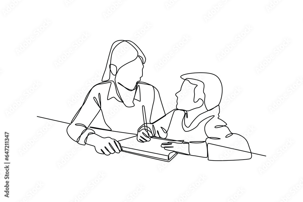 simple continuous line drawing of young student discussion with his teacher. Education minimalist concept, simple line, vector illustration. simple continuous line drawing of young student discussion with his teacher. Education minimalist concept, simple line, vector illustration.