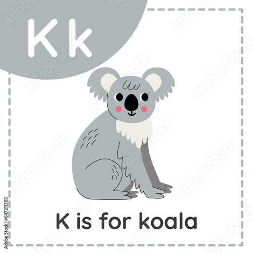 Animal alphabet flashcard for children. Learning letter K. K is for koala.