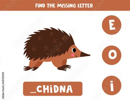 Find missing letter. Cute cartoon echidna. Educational spelling game for kids.