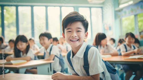 a korean boy with a happy smile while taking Art and creativity lesson in an asian elementary school. generative AI