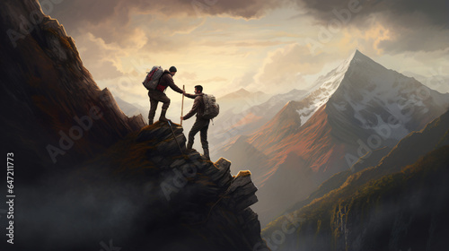 Friends helping each other reach the mountain top view © khan
