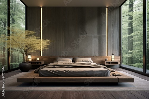 Minimal Japanese style master bedroom with bonsai, slatted wall panels, and wooden parquet floor. Grey bed. Generative AI