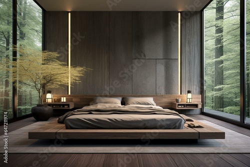 Minimal Japanese style master bedroom with bonsai, slatted wall panels, and wooden parquet floor. Grey bed. Generative AI photo