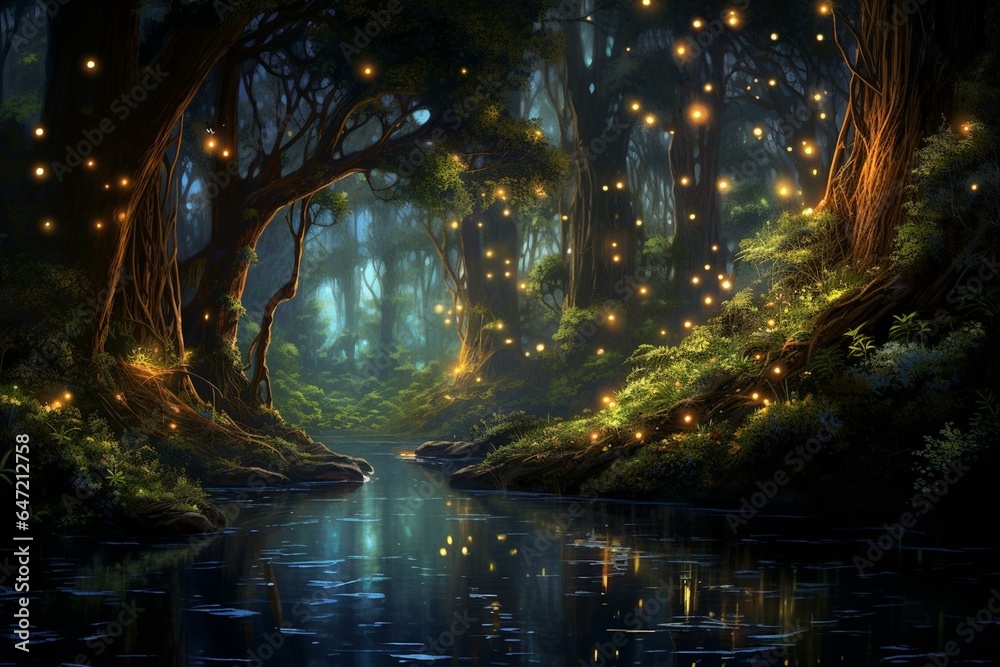 Mystical forest glows beneath ethereal glow and sparkling fireflies. Generative AI