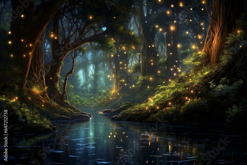 Mystical forest glows beneath ethereal glow and sparkling fireflies. Generative AI