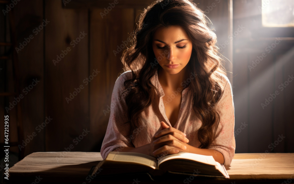 Woman praying with her hands on the Bible. AI Generative Woman praying with her hands on the Bible. AI Generative