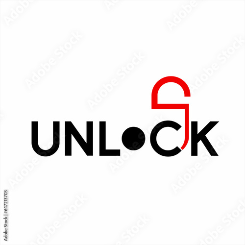 "Unlock" logo design. Illustration of the word unlock with a padlock on the letter C.