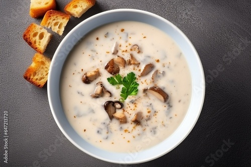 Creamy mushroom soup with croutons on gray background, top view. Generative AI