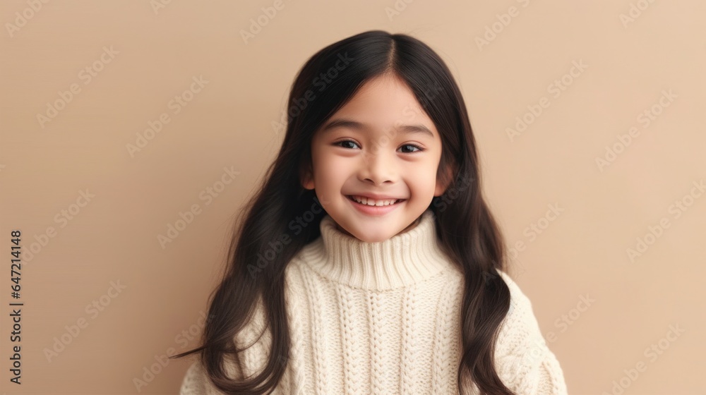 A joyous young girl with a toothy grin, wearing neutral attire, photographed against a beige studio background. Generative AI A joyous young girl with a toothy grin, wearing neutral attire, photographed against a beige studio background. Generative AI