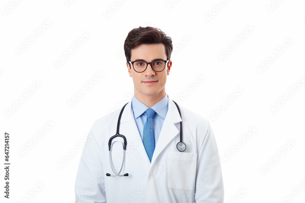 Male doctor wearing white long sleeved medical uniform. Isolated on white