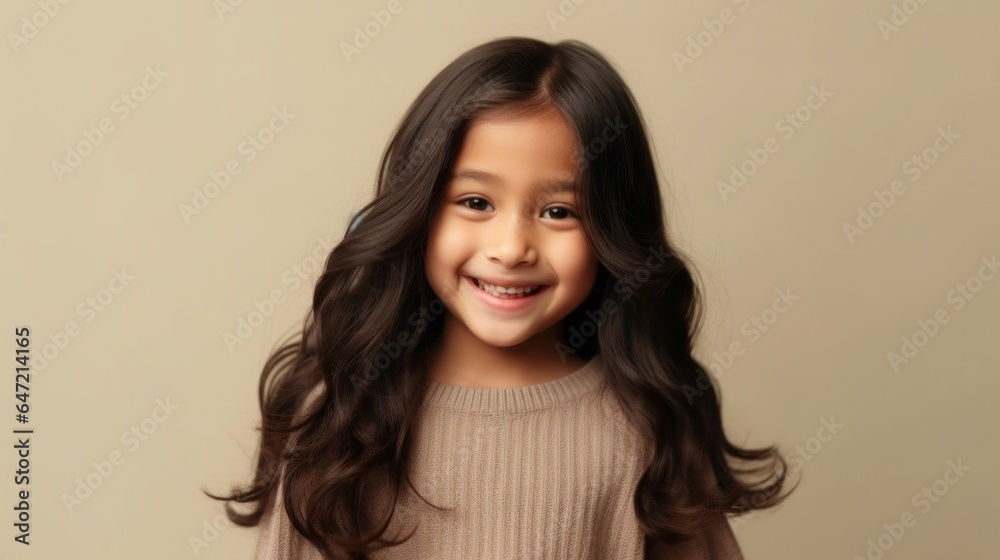 Cute little girl beams with joy in neutral outfit, beige studio setting. Generative AI Cute little girl beams with joy in neutral outfit, beige studio setting. Generative AI