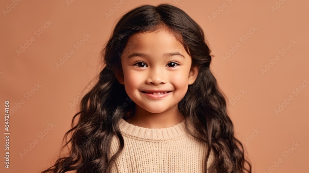 Cute little girl beams with joy in neutral outfit, beige studio setting. Generative AI Cute little girl beams with joy in neutral outfit, beige studio setting. Generative AI