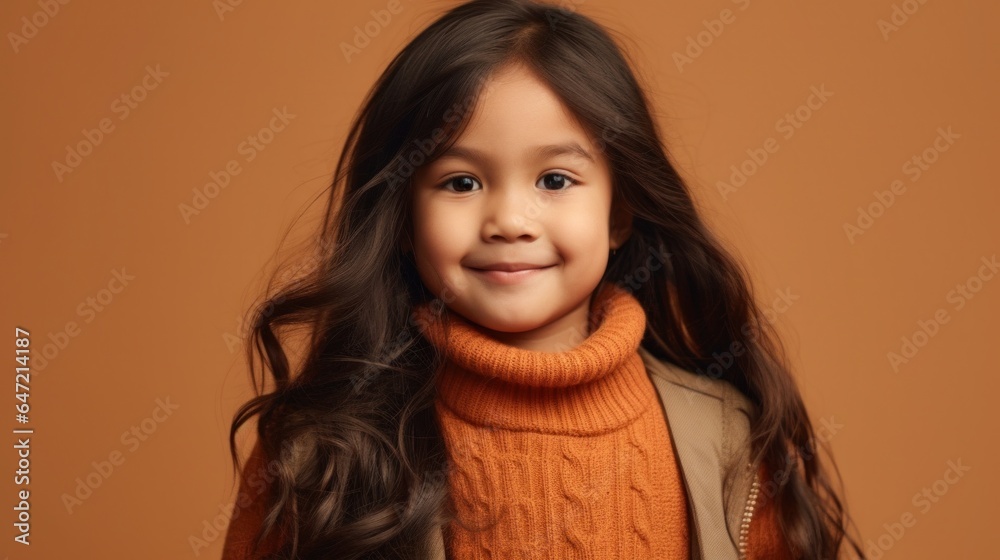 Joyful brunette kid with a toothy grin on beige studio background. Generative AI Joyful brunette kid with a toothy grin on beige studio background. Generative AI