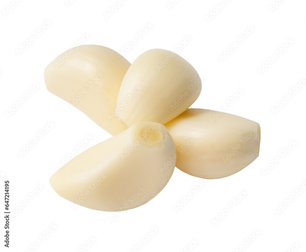 Top view peeled garlic cloves in stack isolated on white background with clipping path Close up photo