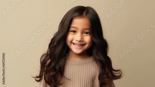 Cute little girl beams with joy in neutral outfit  beige studio setting. Generative AI