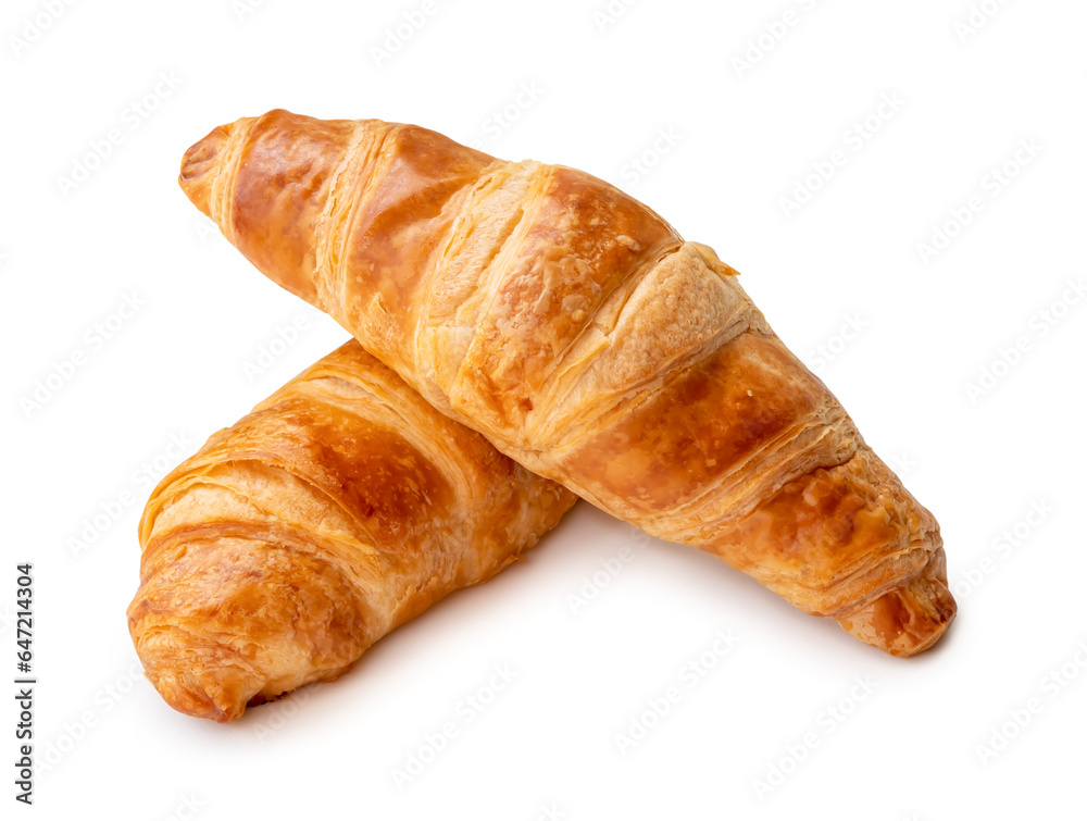 two piece of croissant in stack and cross section isolated on white background with clipping path and shadow in png file format