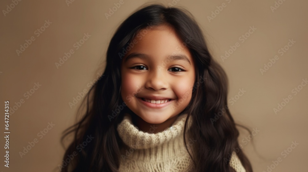 A portrait of a cheerful brunette child in neutral attire, beaming with happiness. Generative AI A portrait of a cheerful brunette child in neutral attire, beaming with happiness. Generative AI